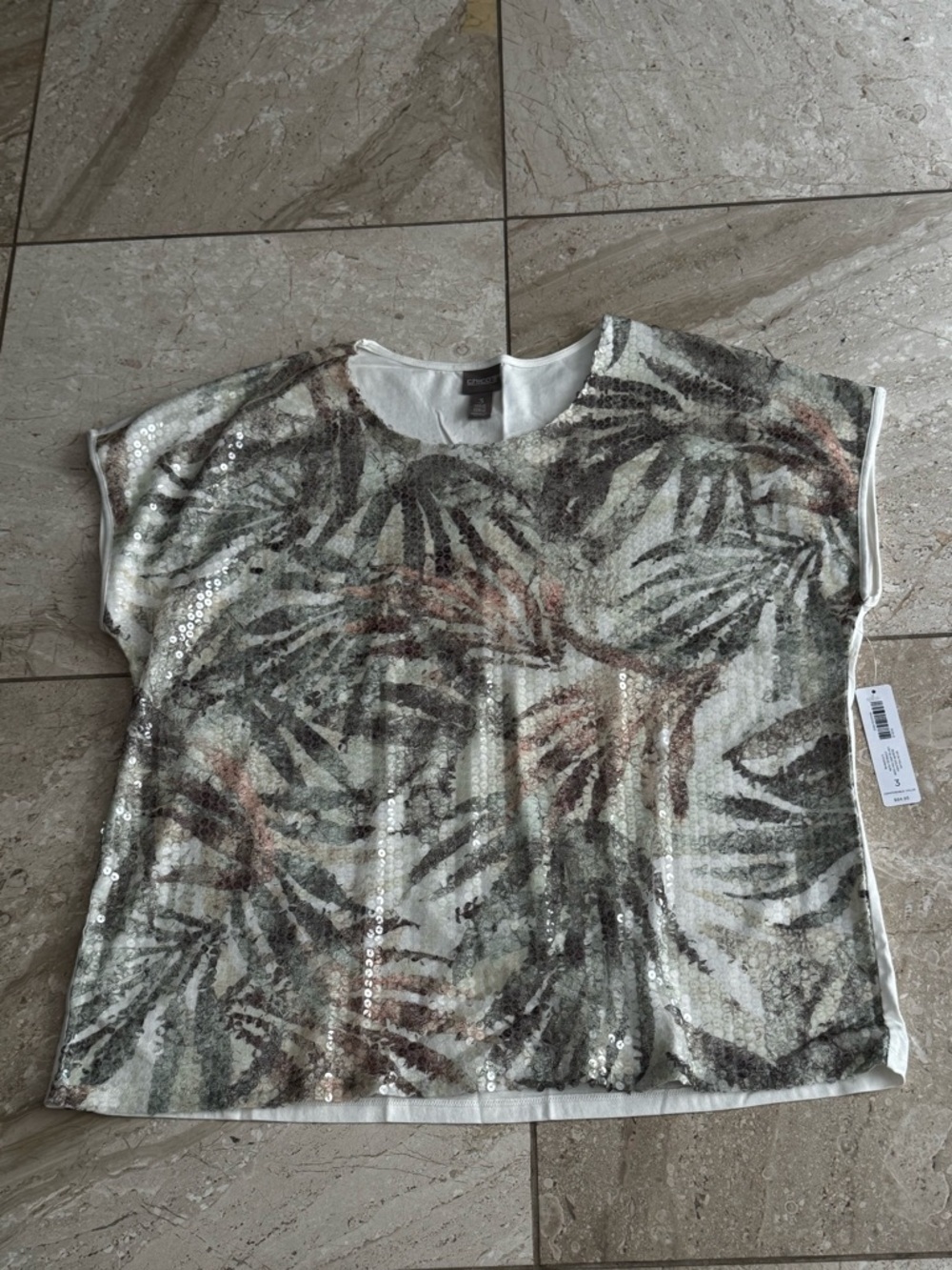 CHICOS Sequin Palm-Print Short Sleeve Top - size 3 NEW